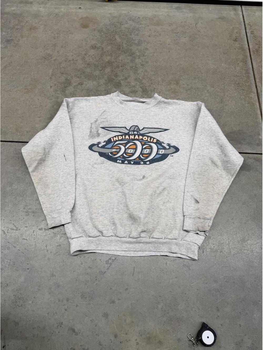 vintage indianapolis 500 drag racing grey nascar crewneck size large HAS STAINS